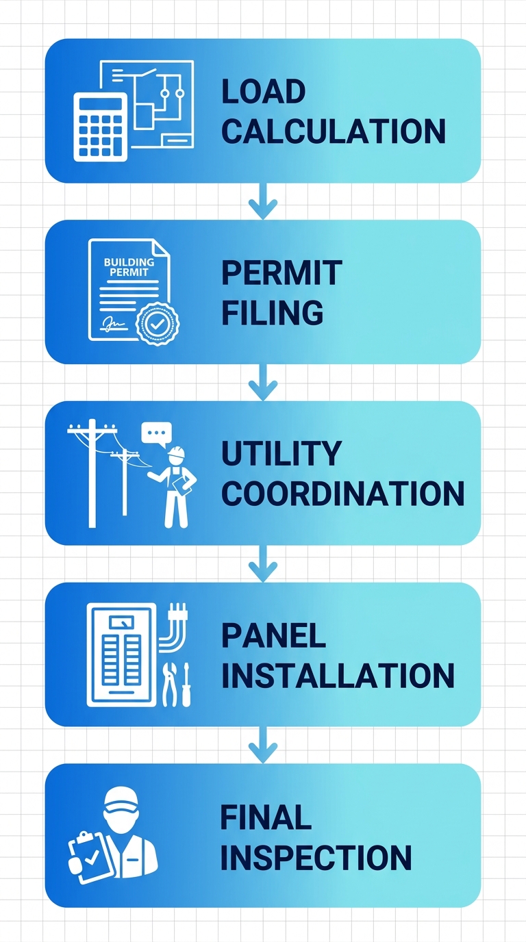 Vertical process flow diagram showing five stages of an electrical panel upgrade in Altadena, from load calculation to final inspection, with blue gradient rounded rectangles and downward arrows.