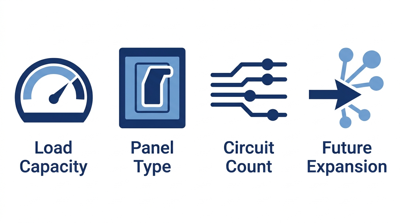 Infographic illustrating four factors for selecting a commercial circuit breaker panel: Load Capacity, Panel Type, Circuit Count, and Future Expansion with flat icons and labels.