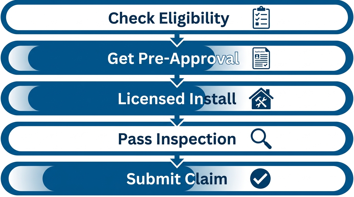 Vertical diagram of the five-step LADWP EV charger rebate application process from eligibility to claim