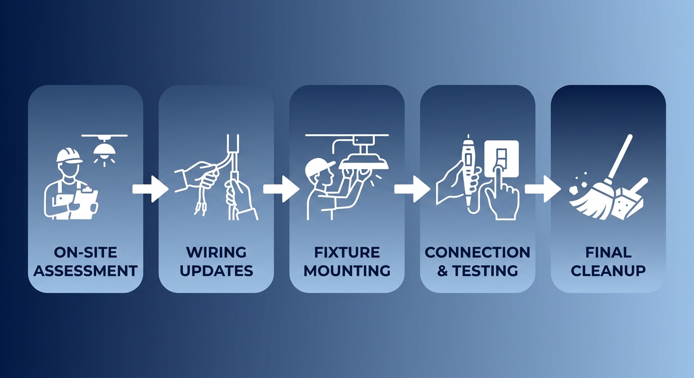 Five-stage horizontal diagram showing professional lighting installation process from assessment to cleanup.